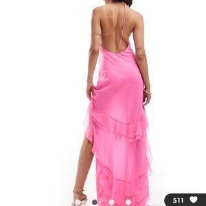ASOS DESIGN halter maxi dress with ruffle detail and high low hem in pink